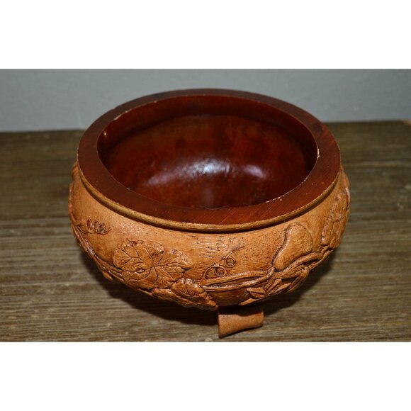 Vintage Faux Wood Carved Mold Resin Footed Floral Leaf Design Bowl Dish Display - Picture 1 of 11